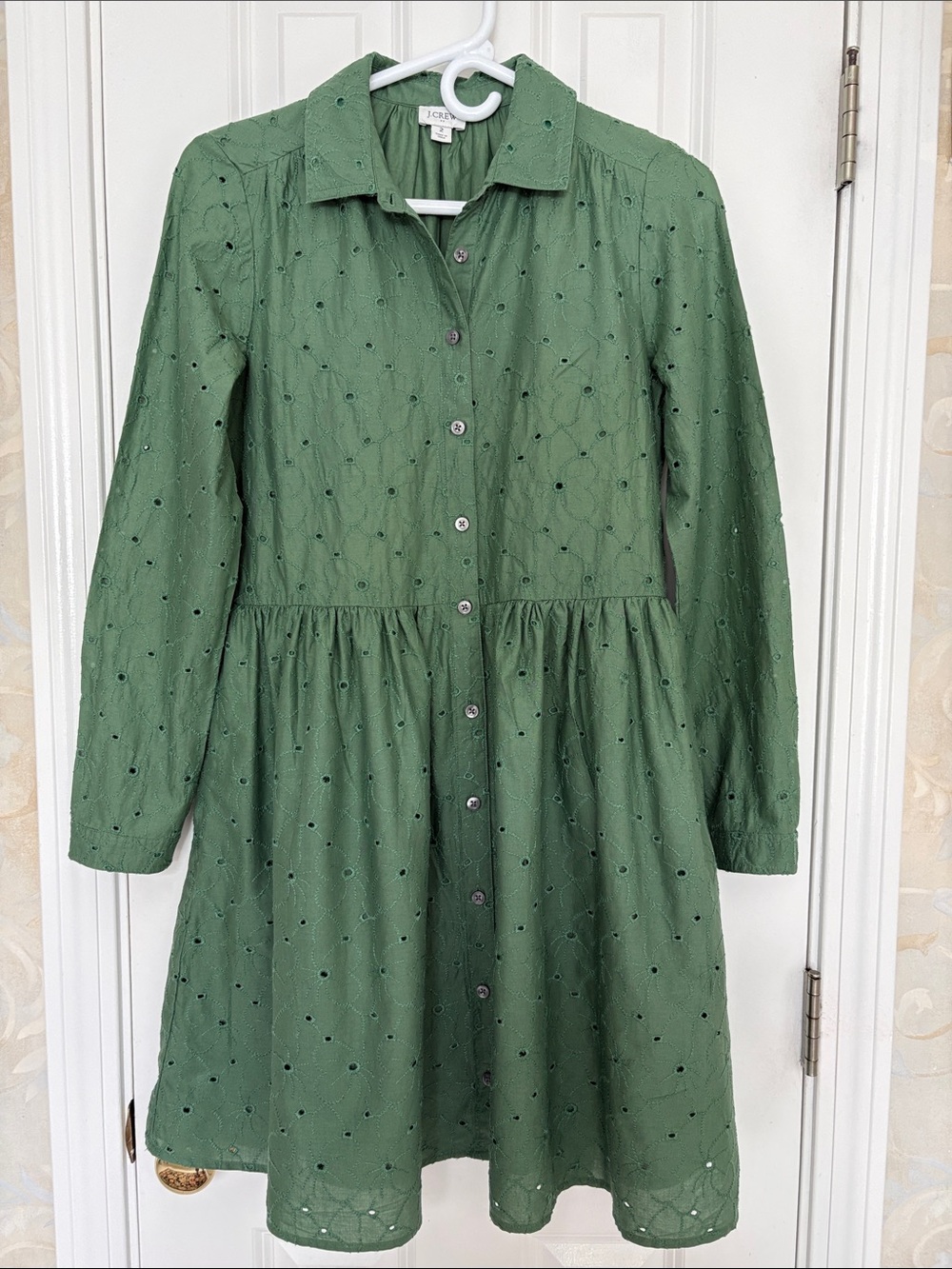 J. Crew Factory Cotton Green Eyelet Button-Front Shirt Dress with Pockets